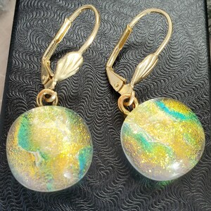 Vibrant Round Dichroic Glass Earrings - Multicolored Greens, Yellows, and More - Handcrafted Fused Glass Drops