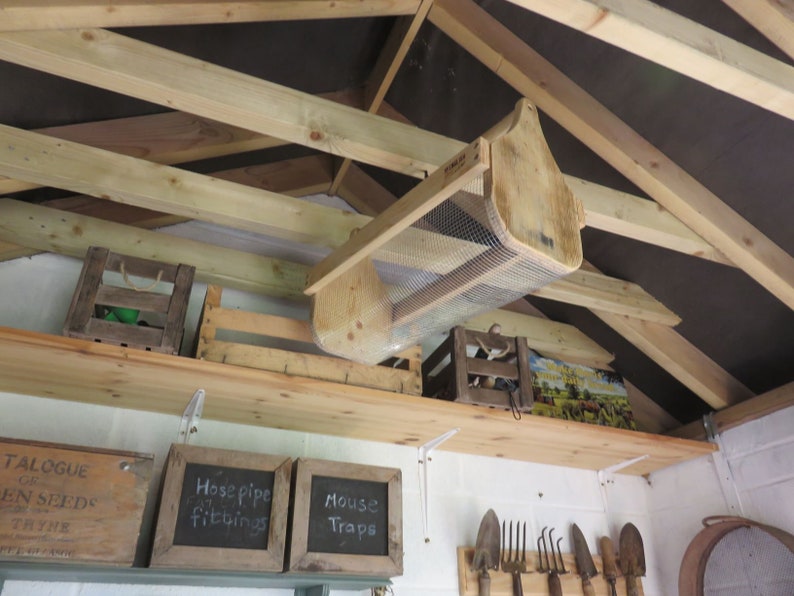 May include: A wooden bird feeder with a wire mesh bottom hangs from the ceiling of a wooden shed. The feeder is made of unfinished wood and has a simple design. The shed has a white painted wall and a wooden shelf with various items on it, including a wooden crate, a box labeled "Catalogue of Garden Seeds", and a chalkboard sign that says "Hosepipe Fittings".
