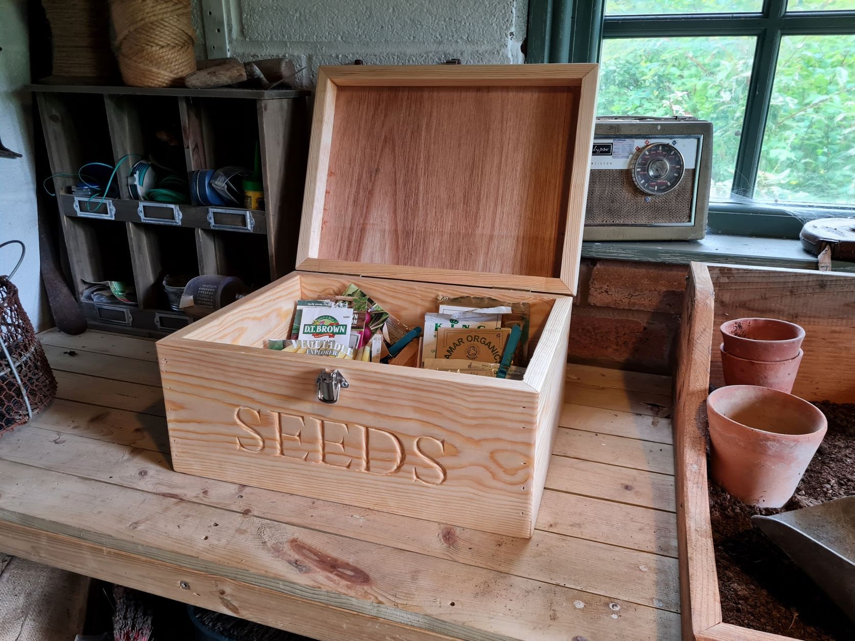 Large Wooden Seed Box/Seed Organiser Natural Hand Carved Etsy