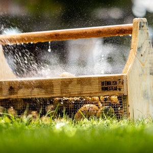 May include: A wooden crate with a handle, labeled "The English Homestead", is filled with potatoes and being sprayed with water.