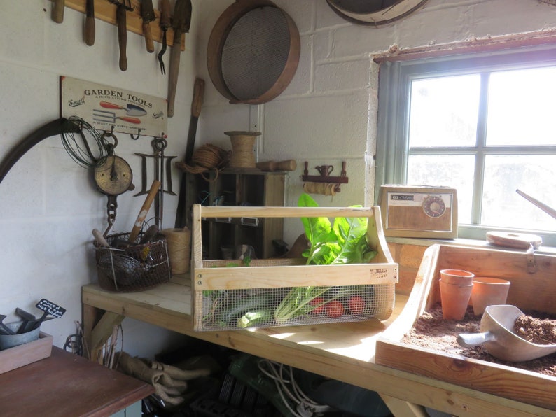 May include: A wooden crate with a wire mesh insert, filled with fresh produce, including lettuce, zucchini, and tomatoes. The crate is sitting on a wooden workbench in a garden shed. There is a vintage radio and gardening tools on the wall.
