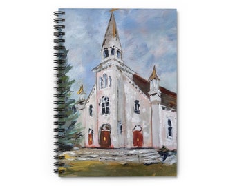 May include: A painting of a white church with a tall steeple and red doors. The church is painted in a realistic style with visible brushstrokes. The background is a light blue sky with clouds.