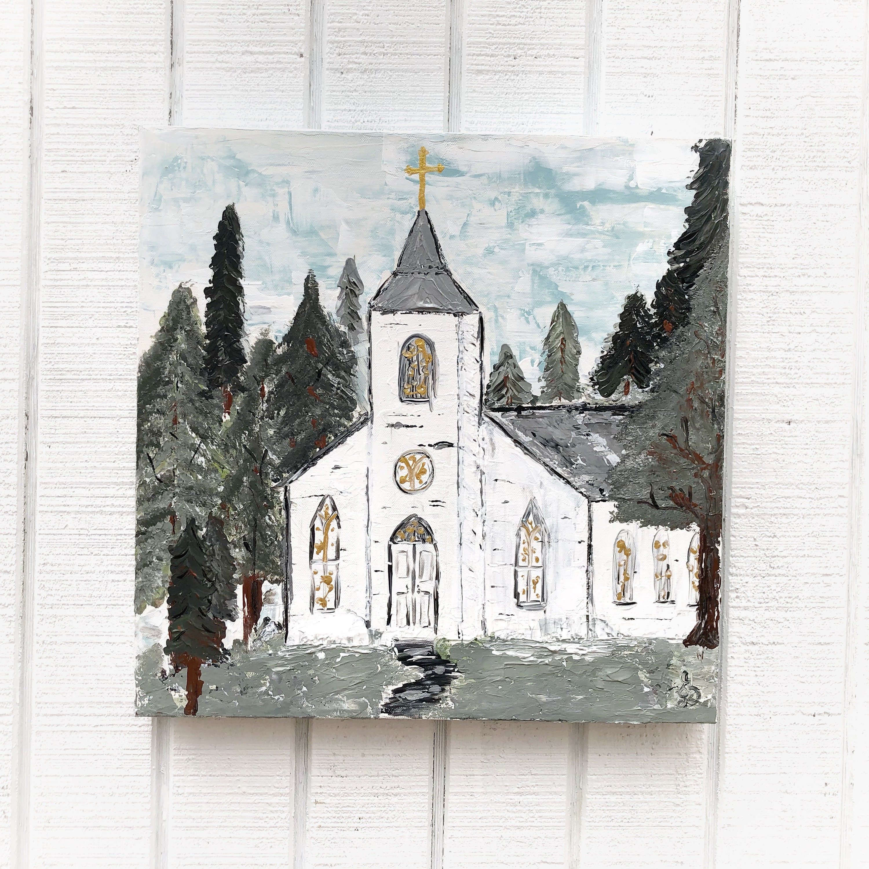 White Church Painting Original Church in the woods country | Etsy