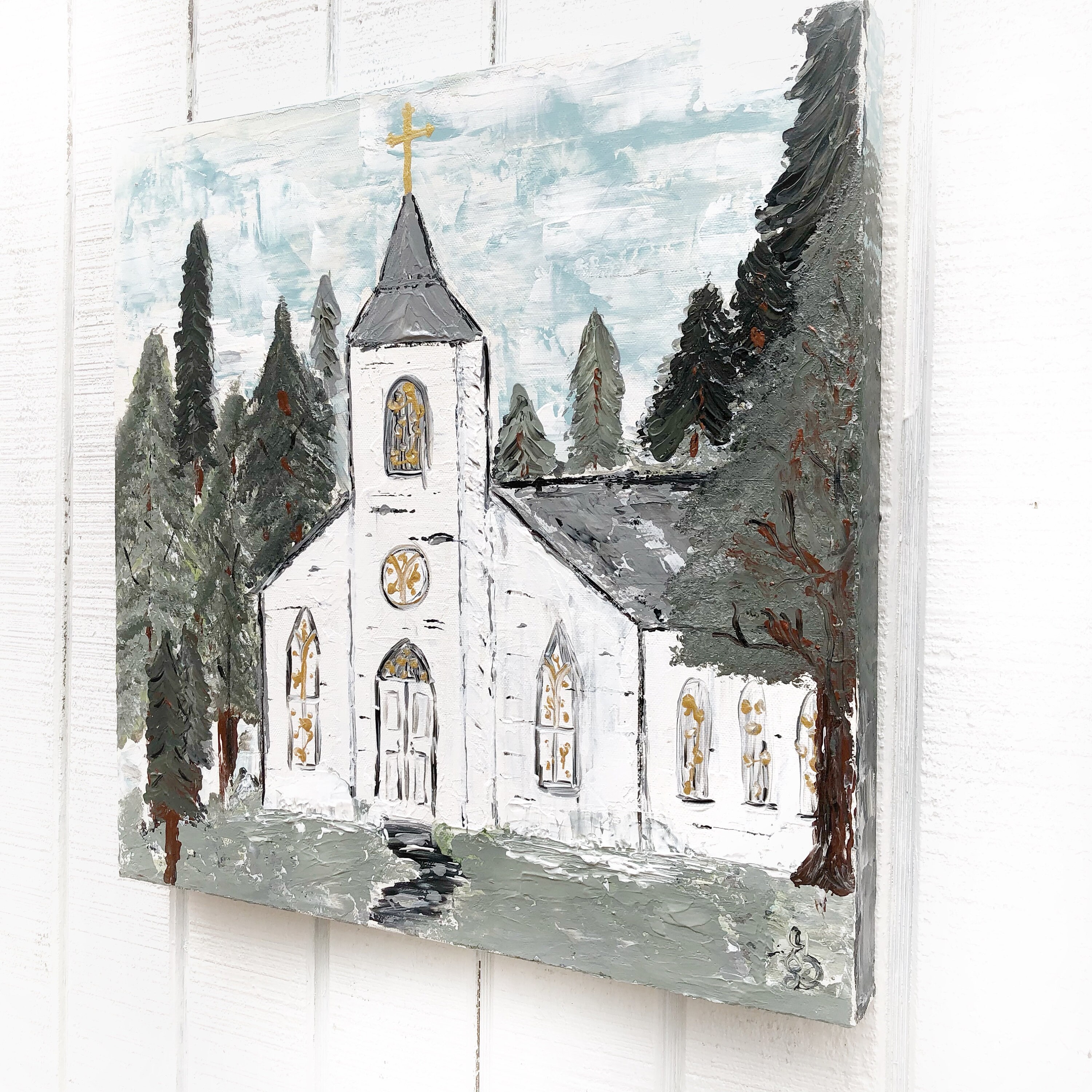 White Church Painting Original Church in the woods country | Etsy