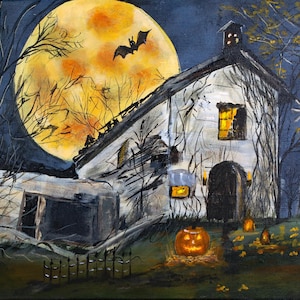 May include: A spooky Halloween scene with a white house, a full moon, and jack-o'-lanterns. The house has a dark doorway and a window with a broken pane. The moon is a bright yellow and orange color. The jack-o'-lanterns are lit and glowing.