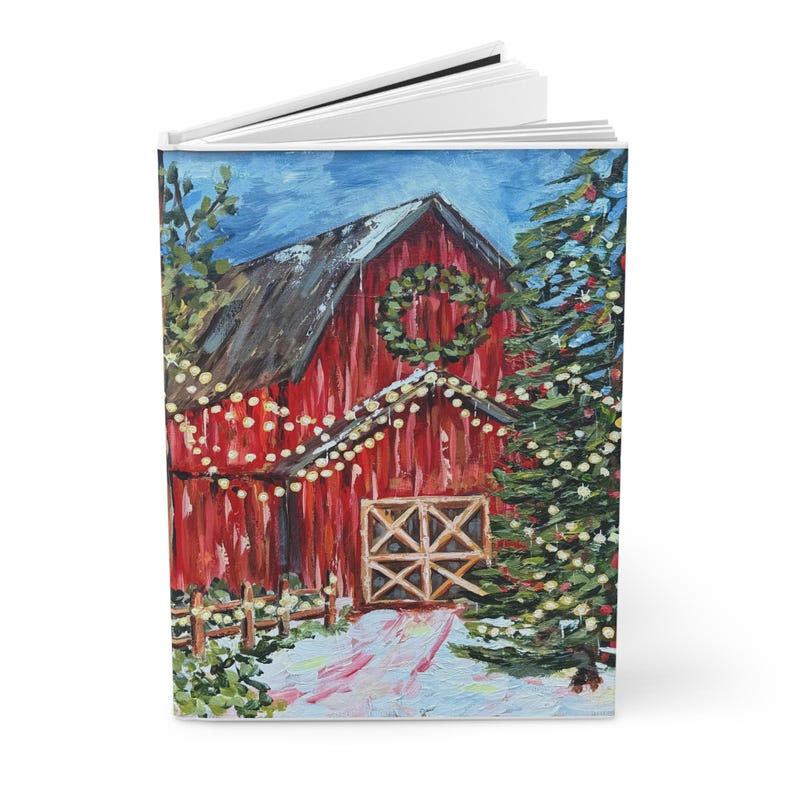 Christmas Red Barn Journal | Hardcover Matte notebook, Holiday wreath & lights image 3