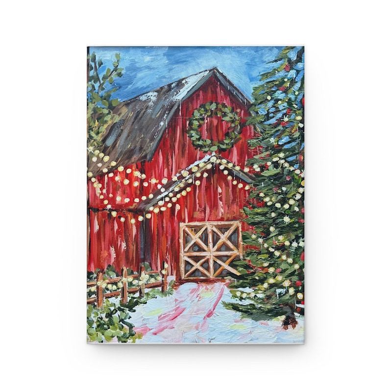Christmas Red Barn Journal | Hardcover Matte notebook, Holiday wreath & lights image 1