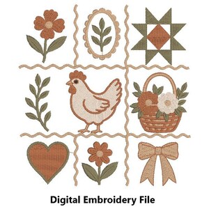 May include: A digital embroidery file featuring a grid of nine squares separated by wavy lines. The squares contain a flower, a leaf sprig, a star quilt block, a chicken, a basket of flowers, a heart, a flower, and a bow. Text reads: Digital Embroidery File.