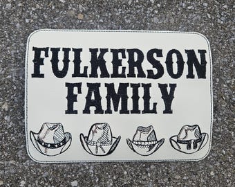 Embroidered Faux Leather Marine Vinyl Stroller Wagon Patch Last Name cowboy hats