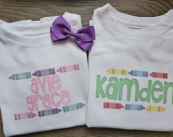 Crayon Back to School Personalized Name Embroidered TShirt