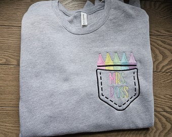 Personalized Teacher Crayon Pocket Embroidered Crewneck Sweatshirt Custom