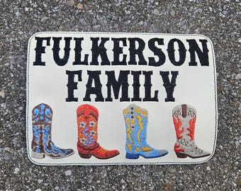 Embroidered Faux Leather Marine Vinyl Stroller Wagon Patch Last Name cowboy boots