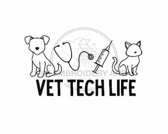 DIGITALE DATEI Vet Tech Life Stickdatei - Digital Download | Veterinär Maschinenstickdatei mit Hund, Katze, Spritze & Stethoskop