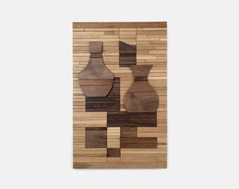 wooden wall relief sculpture of vases in oak and walnut, walnut wood wall art, still life sculpture