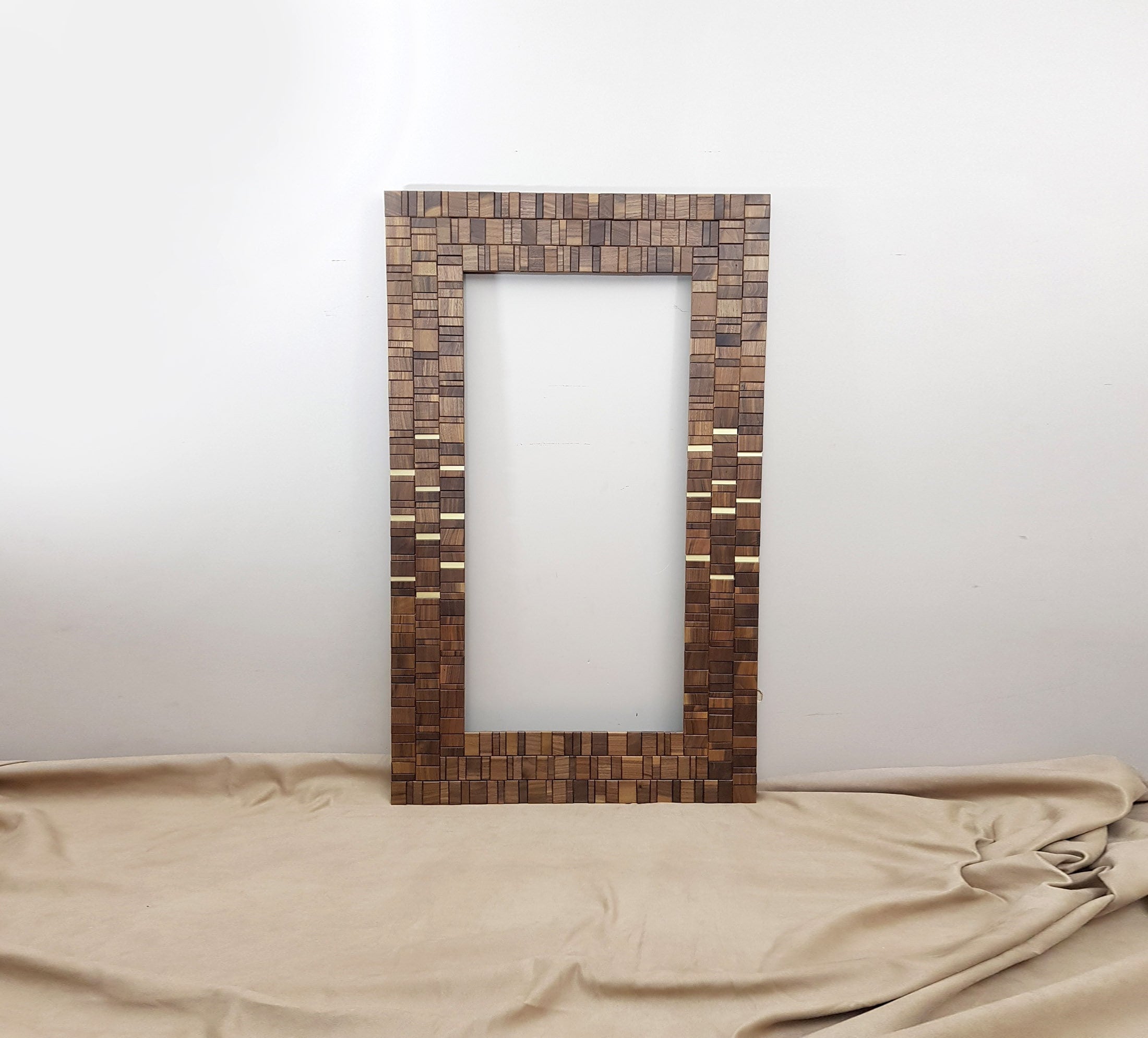 Square Mosaic Mirror Tile & Walnut Wood Block Art Deco 3D Wall Panel 