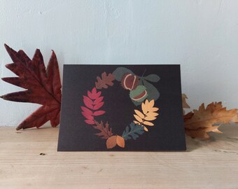 Autumn Fall Wreath Pattern Card - Greetings Card - Botanical Illustration, Woodland Papercut Art