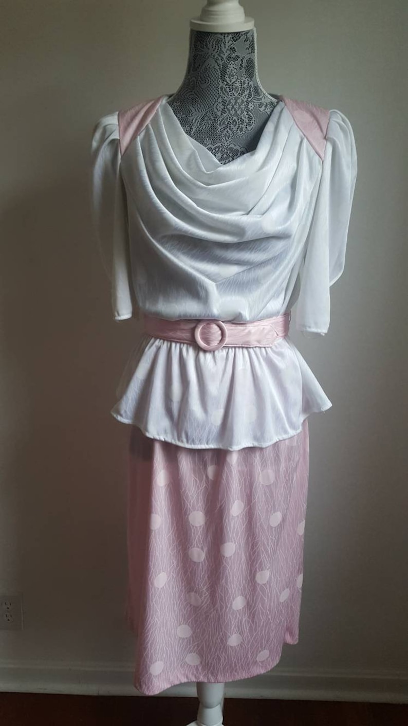 Vintage midi dress with polka dots. Retro 70s dress Vintage 1970s peplum dress 70/'s women/'s vintage dress Pink and white vintage dress