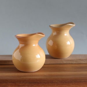 May include: Two small, round, ceramic vases with a light orange glaze. The vases have a ruffled rim and sit on a wooden surface. The background is a solid, light grey colour.