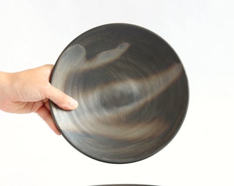 Hand Thrown Pottery Plate: Small Rustic Black Clay Dish (20cm)