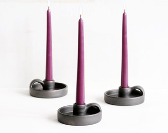 Handmade candleholder with handle for tapered candle sticks in black metallic finish Scandinavian design minimalist interior decor