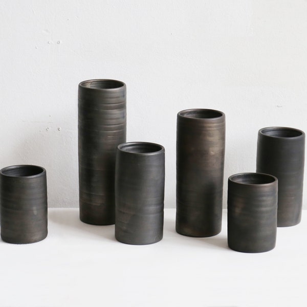 Black pottery cylinder vases in various sizes reduced pottery table vases for bouquets and flowers Scandinavian design