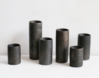 Black pottery cylinder vases in various sizes reduced pottery table vases for bouquets and flowers Scandinavian design
