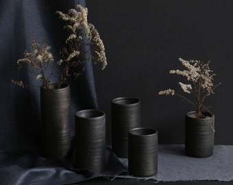 Black pottery cylinder vases in various sizes reduced pottery table vases for bouquets and flowers Scandinavian design