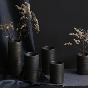 Black pottery cylinder vases in various sizes reduced pottery table vases for bouquets and flowers Scandinavian design image 5