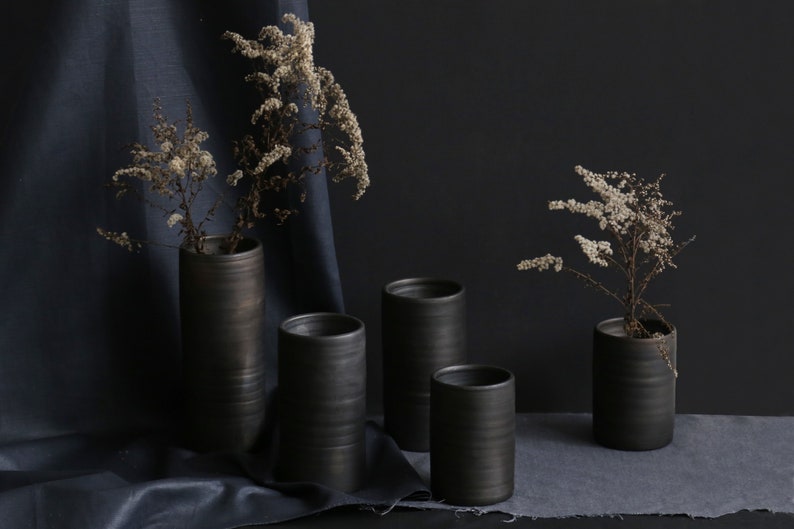 Black pottery cylinder vases in various sizes reduced pottery table vases for bouquets and flowers Scandinavian design image 5