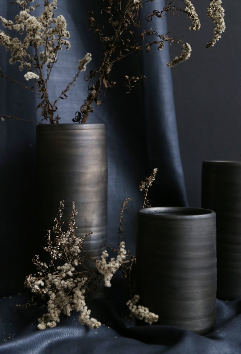 Black pottery cylinder vases in various sizes reduced pottery table vases for bouquets and flowers Scandinavian design image 3