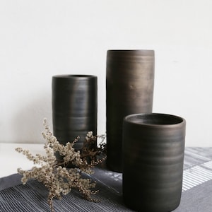 Black pottery cylinder vases in various sizes reduced pottery table vases for bouquets and flowers Scandinavian design image 2