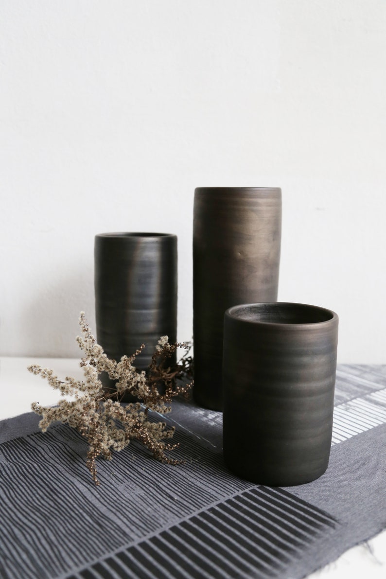 Black pottery cylinder vases in various sizes reduced pottery table vases for bouquets and flowers Scandinavian design image 2