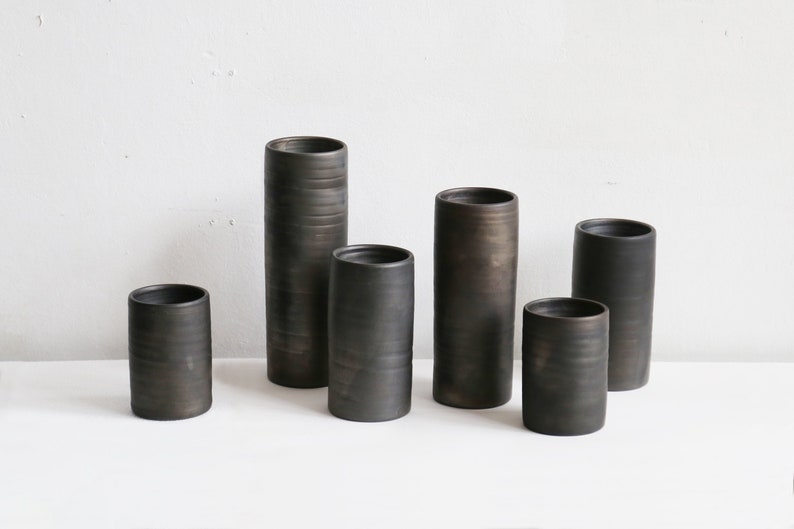 Black pottery cylinder vases in various sizes reduced pottery table vases for bouquets and flowers Scandinavian design image 1