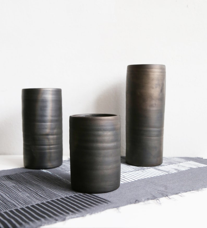 Black pottery cylinder vases in various sizes reduced pottery table vases for bouquets and flowers Scandinavian design image 7