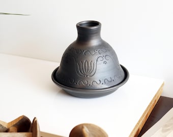 Tajine-Inspired Black Clay Pot – Handmade Ceramic Vessel with Open Chimney Lid