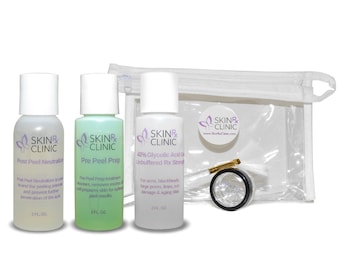 40% Glycolic Peel Kit 2oz includes: Pre Peel Prep, Post Peel Neutralizer, Applicator Brush, Dish and Instructions in a Zip-up Case