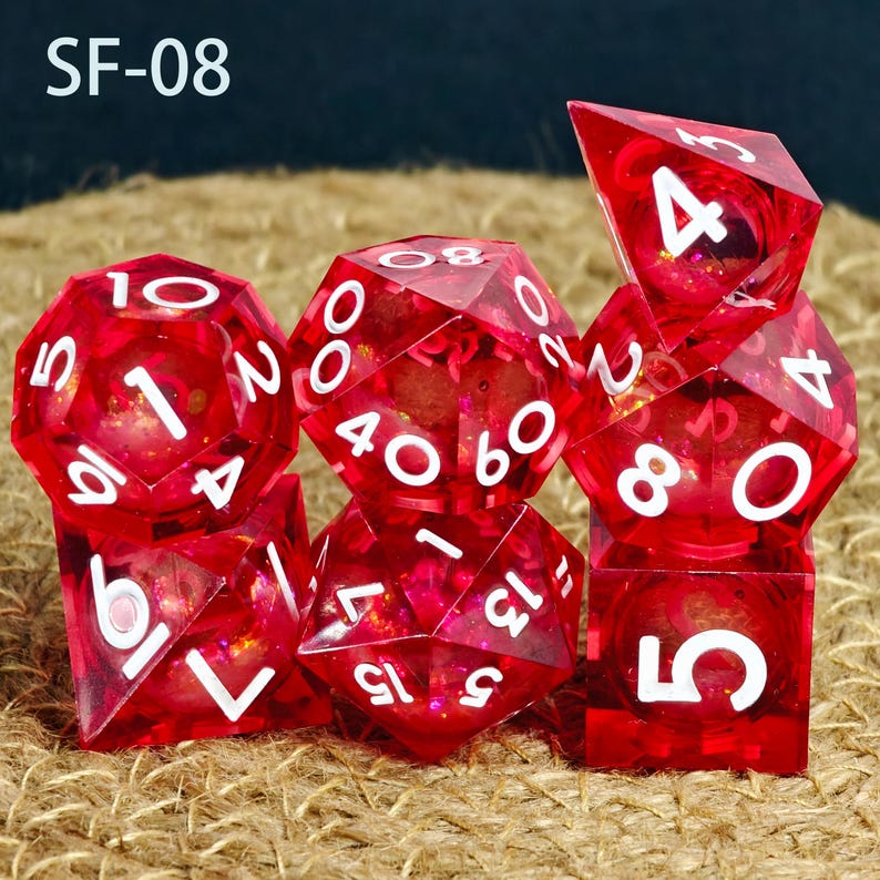 May include: A collection of red, multi-sided dice with white numerals. The dice are transparent, showing a glittery interior. The text "SF-08" is in the upper left corner. Ideal for role-playing games.