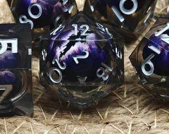 Transparent Purple Dragon Eye Dice Liquid Core Dice Set, Handmade Sharp Edge Resin Dice, RPG, Tabletop Games, D20 Dice Set, DND Player Gift