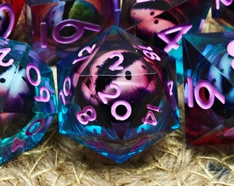 Purple Blue Dragon Eye Dice Liquid Core Dice Set, Handmade Sharp Edge Resin Dice for DnD, RPG, Tabletop Games, D20 Dice Set, DND Player Gift
