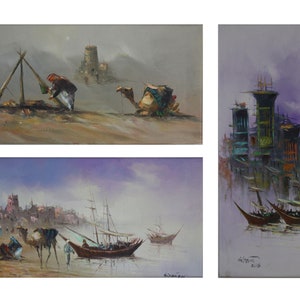 Canvas Wall Art Traditional Arabic Desert Nomads & Camels Knife Art Original Hand Painted by Husain Daud 59x29cm - in 4 Designs