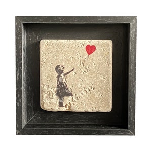 Banksy&#39;s Girl with Balloon Design Stone Art Gift Framed Wall-Art Stone Ceramic Travertine - SMALL