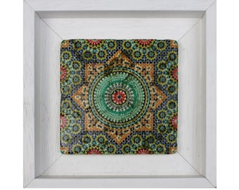 Nejjarine Fountain Green Yellow Fes Moroccan Zellige Mosaic Design Framed Stone Art Traditional Moroccan Ottoman Turkish Patterns - SMALL