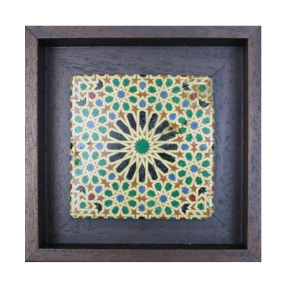 Traditional Green & Blue El Mexuar Alhambra Granada Spain Geometric Moorish Design Framed Turkish Ottoman Ceramic Stone Art - MEDIUM