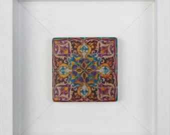 Traditional Moroccan Ottoman Patterns Purple Turquoise Persian Arabesque Geometric Design Turkish Framed Stone Art - MINI - SMALL