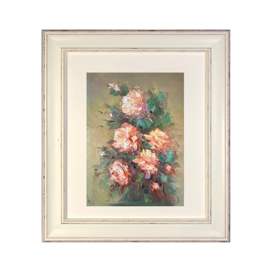 Flower Bouquet Brown Pink - Knife Art Oil Painting in Distressed Frame ...