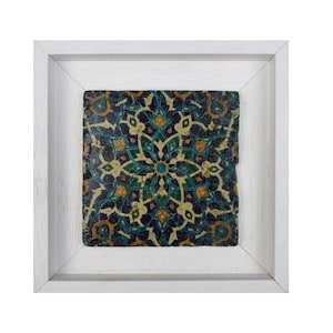 Traditional Moroccan Ottoman Patterns Blue Persian Arabesque Geometric Design Framed Turkish Stone Art  -  SMALL
