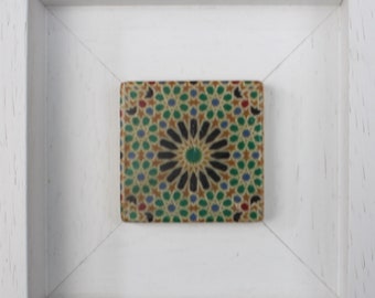 Traditional Green & Blue El Mexuar Alhambra Granada Spain Geometric Moorish Design Framed Turkish Ottoman Ceramic Stone Art - MINI - SMALL