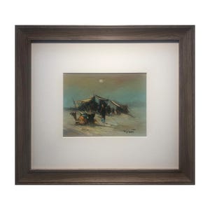 Bedouin Family & Camel - Knife Art Oil Painting in Brown Frame