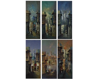 Canvas Wall Art Traditional Arabic Streets Of Baghdad Knife Art Original Grey Monochrome Hand Painted by Amer AlKaisy -93x35cm -in 5 Designs