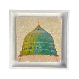 The Green Dome Al Masjid an Nabawi ( The Prophet’s Mosque) Medina Stone Art Islamic Gift Framed Wall Art Stone Travertine  - MEDIUM